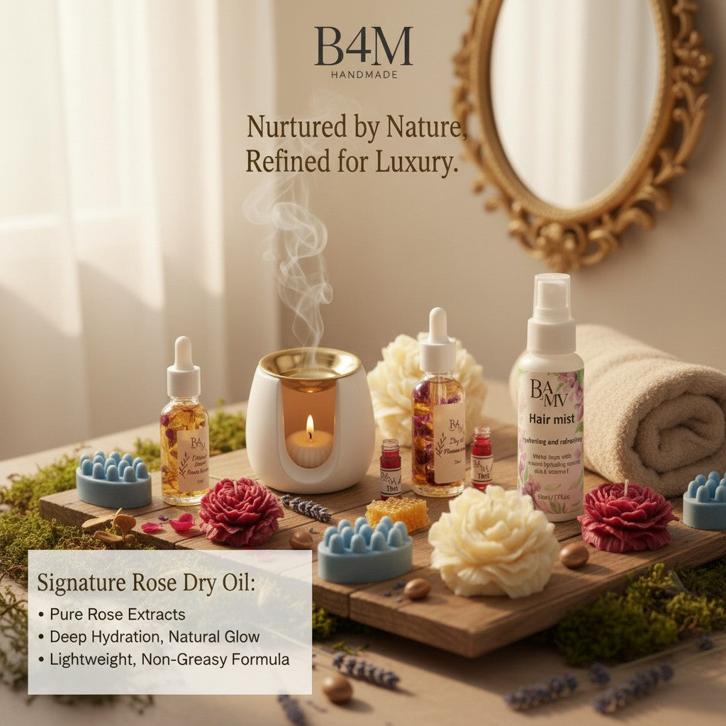 B4M Handmade home scent collection with candle diffuser, botanical oils and spa products